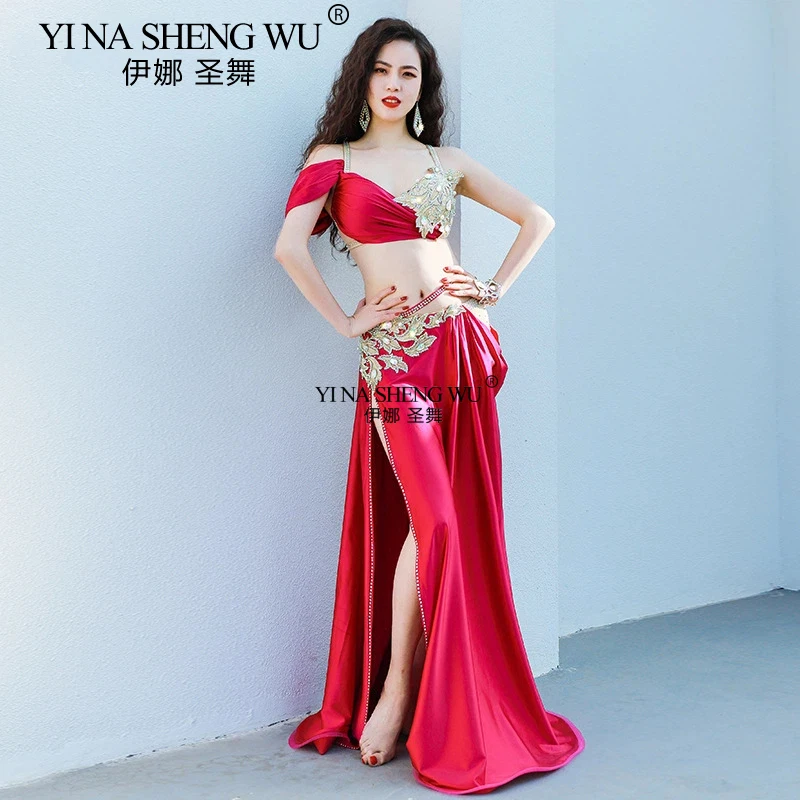 

2025 New Belly Dance Set Diamond Inlaid Strap Bra Split Style Big Swing Skirt Performance Dress Set Oriental Dance Competition
