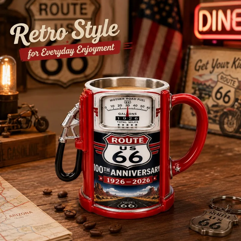 Route 66 Gas Pump Mug Resin Coffee Cup with Stainless Steel Inner Liner Retro Car Theme Novelty Drinkware Home Bar Decor Gift