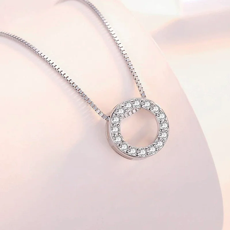 New Fashion 925 Sterling Silver Jewelry Fine Round Zircon Pendant Necklaces Women Gift Semi Circle Rhinestone CZ Clavicle Chain