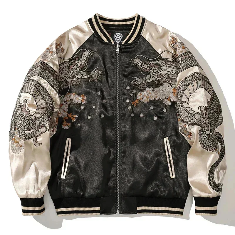 Embroidered Dragon Hip Hop Jacket Contrast Color High Street Baseball Coat Harajuku Trendy Outerwear Casual Loose Jacket For Men