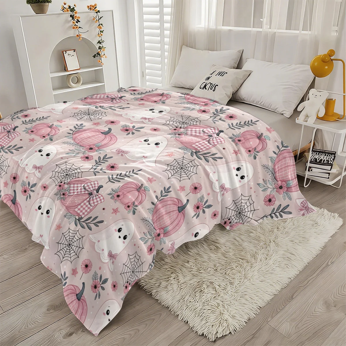 1pc Pink Plaid Pumpkin Bow All-Over Print Blanket, Light Pink Gentle Girly Halloween Floral Flannel Throw Blanket