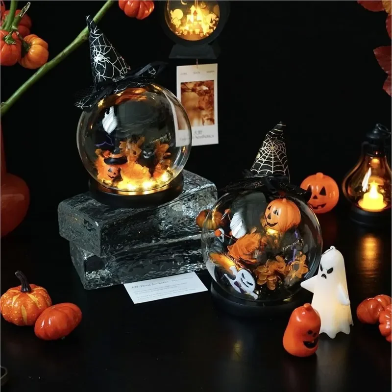 Eternal Flower Pumpkin Glass Cover Finished Halloween Decoration Creative Gift Rose Ball Night Light