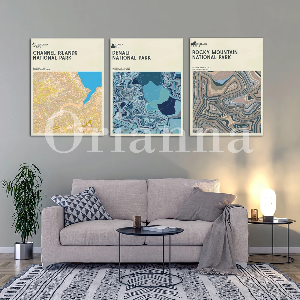 Acadia Rocky Mountain Denali Glacier Grand Teton National Parks Series Topographic Contour Map Museum Wall Art Prints Posters