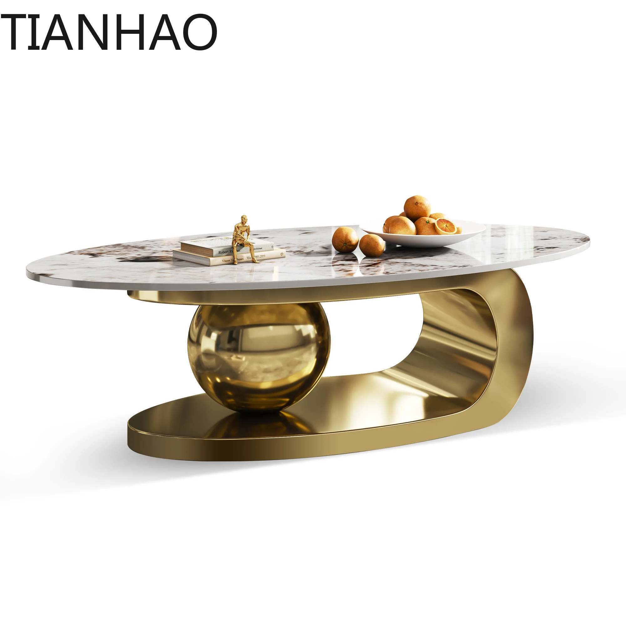 Modern Exquisite Oval Marble Coffee Table with Abstract Gold Metal Base Stylish Home Furniture for Living Room Centr