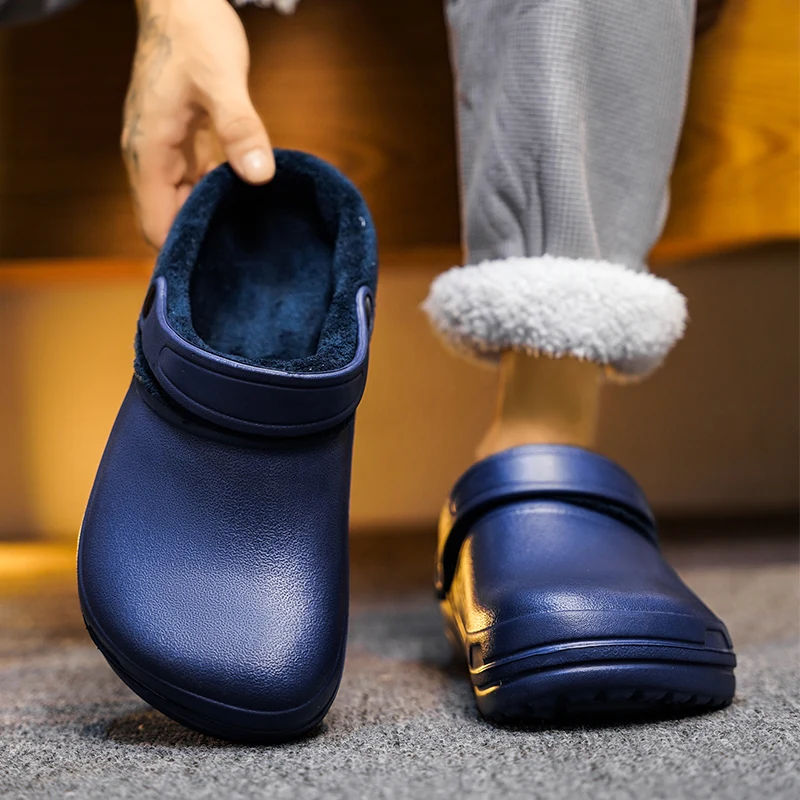 شباشب قطنية بمقاس كبير للرجال والنساء، ملابس شتوية سميكة للمنزل والخارج، شباشب مقاومة للماء وغير قابلة للانزلاق عند أصابع القدم، أحذية قطنية مبطنة بالصوف وسميكة