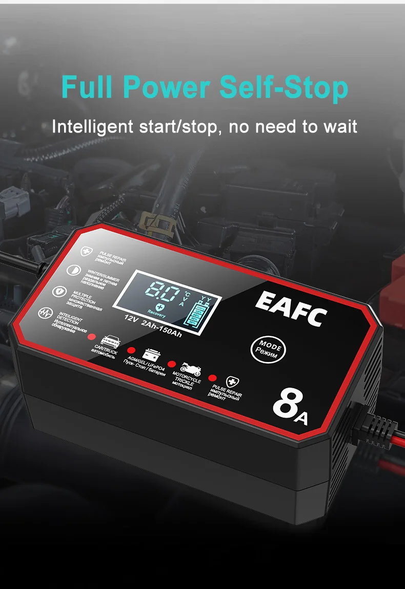 EAFC 6A /8A 12V Intelligentes Autobatterieladegerät Auto- und Motorradbatterieleinheit Blei-Säure-Batterie-Reparatur LCD-Display – Detail 16