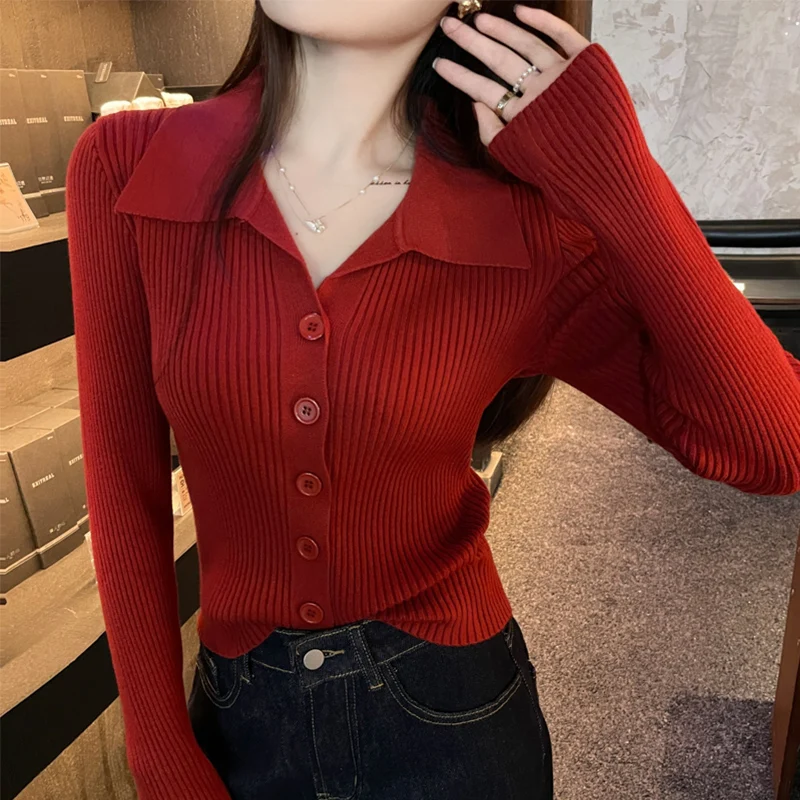 Knitted Sweater Women Cardigans New Long Sleeve Turn Down Collar White Knit Sweater Cardigan Women Tops Sueters De Mujer Q1414