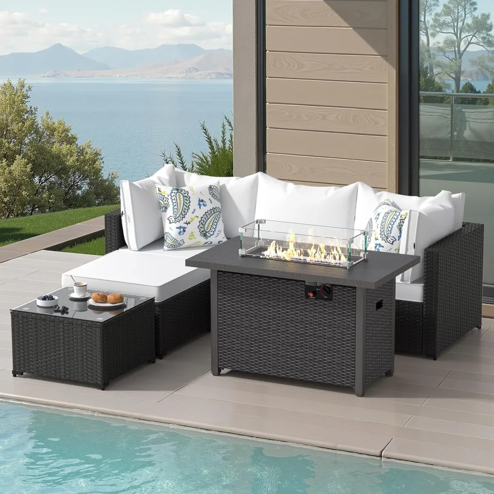 

Patio Furniture Set w/ Fire Pit Table, 6PCS Outdoor Conversation Sets Waterproof Rattan Sectional Sofa with 4” Thickened Cushion