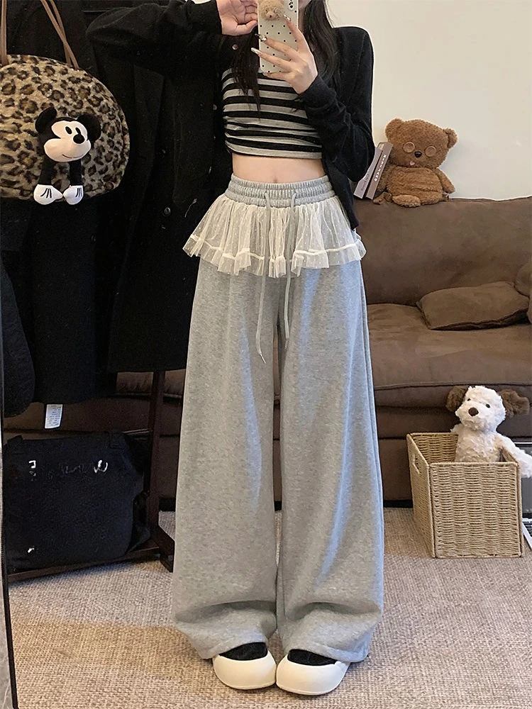 

Lace Patchwork Ankle Tied Casual Pants for Women in Winter, High Waisted Drawstring Loose Wide Leg Pants, Floor Length Pants