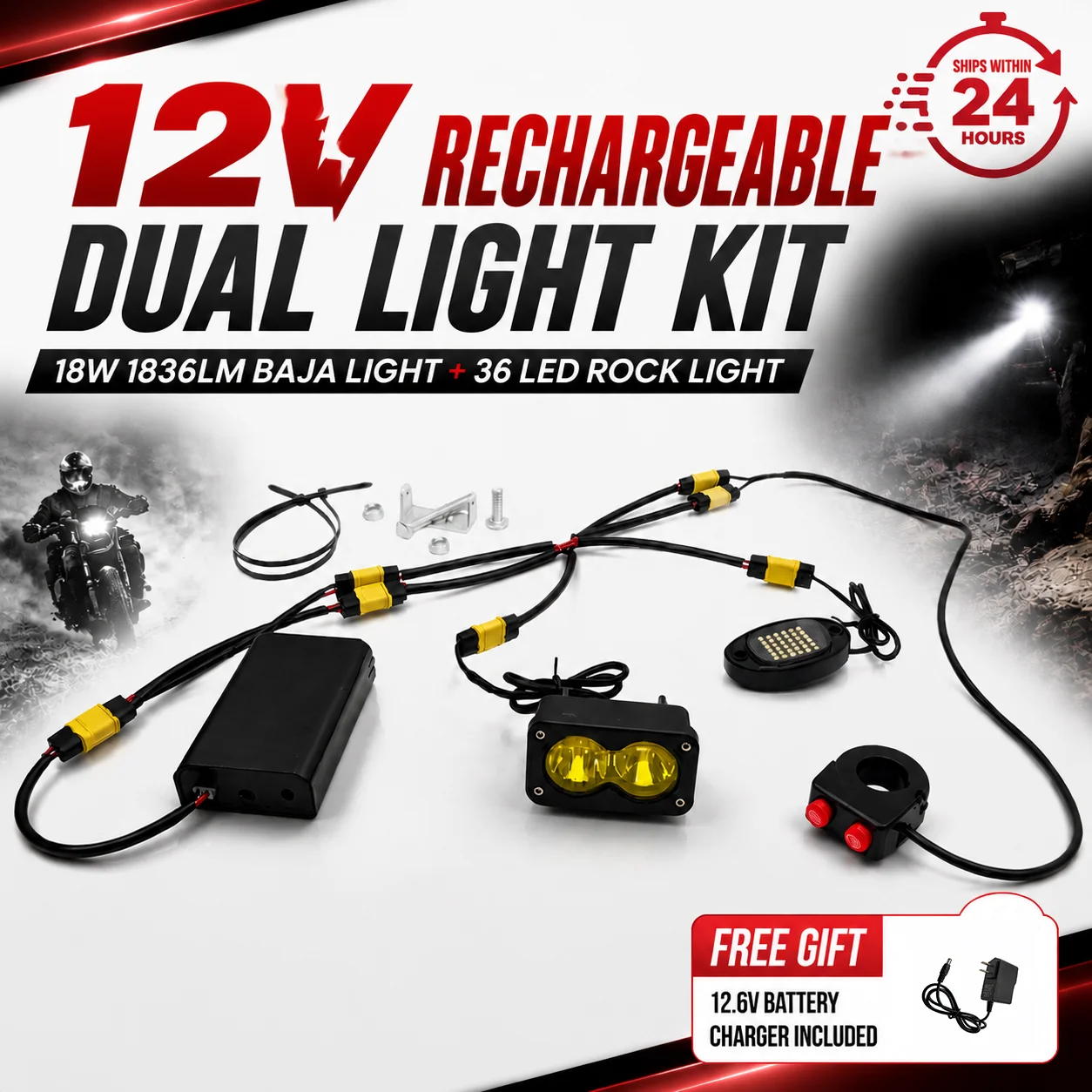 Dream Car Wintai 12V Rechargeable Front Baja LED Light Kit 18W 1836LM Road Spotlight 36 LED Rock Light XT60 Harness ATV/UTV/Moto
