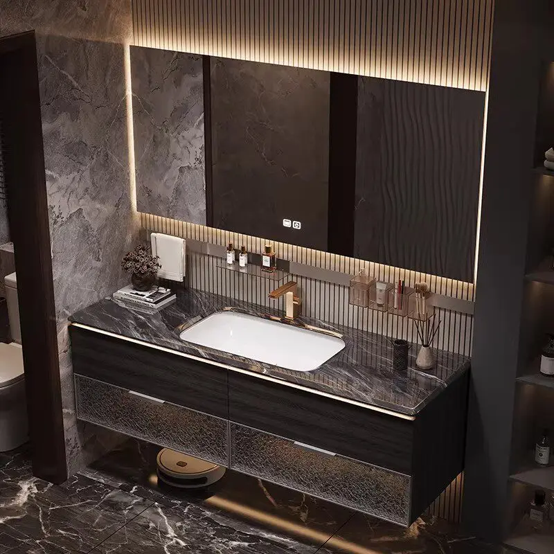 

Hotel style bathroom cabinet combination marble luxury stone seamless ceramic basin toilet washstand