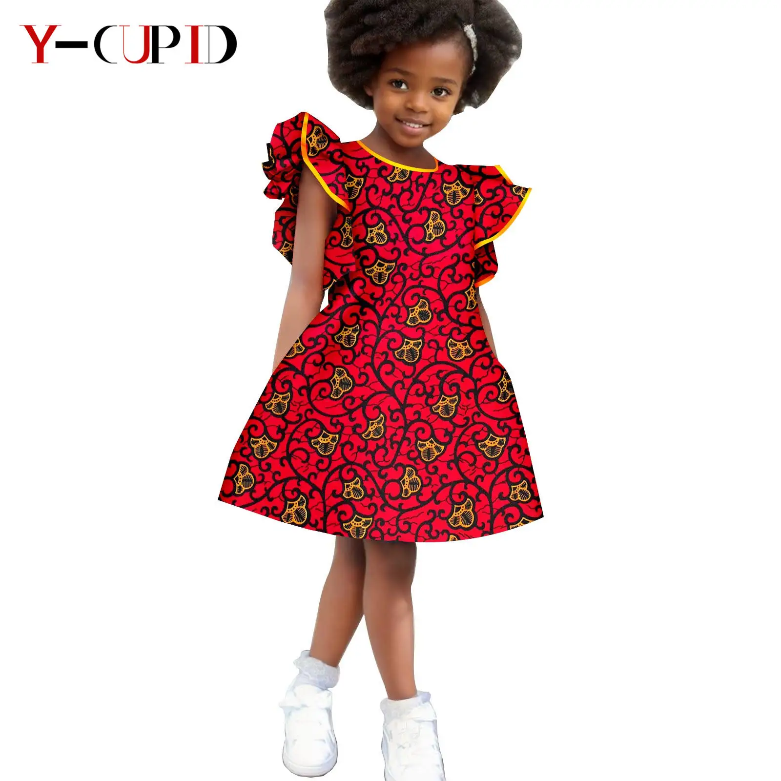 African Clothes Print Ruffles Sleeve Dresses for Girls Dashiki Kid Ankara Outfits Bazin Riche Cotton Children Outwear 2545003