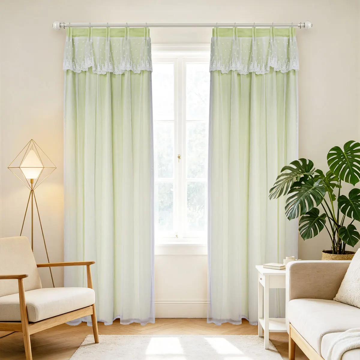 Light Green Double Layer Curtains 2 Panels, 4-Prong Hook Star Lace Sheer Medium Light Blocking Drapes