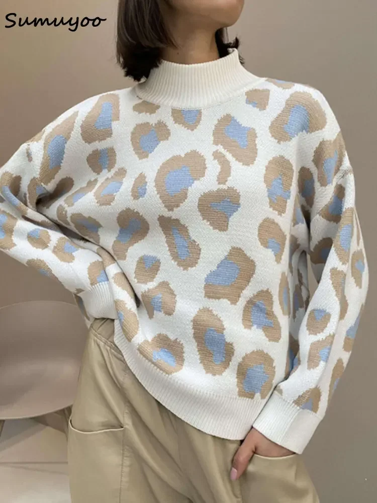 Sumuyoo Winter Women\'s Sweater 2022 Leopard Print White Turtleneck Oversize Jumper Vintage Warm Knitted Sweaters for Women