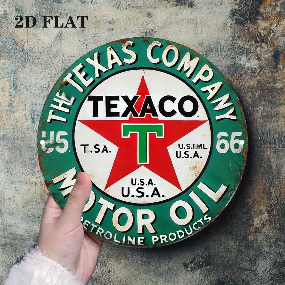 2D Flat - Vintage Texaco Motor Oil Logo Aluminum Sign - 19.79cm Round Retro Wall Art with Red Star & Green Background, Durable R