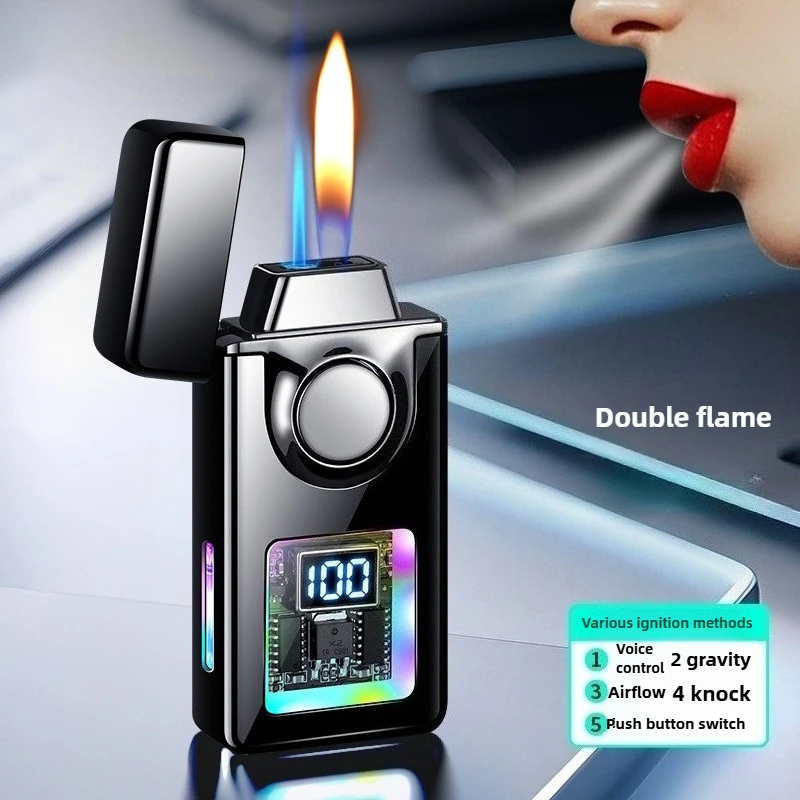 Creative Voice Controlled Ignition Gas USB Lighter Color Light Battery Display Open Flame Switch Jet Ignition Device