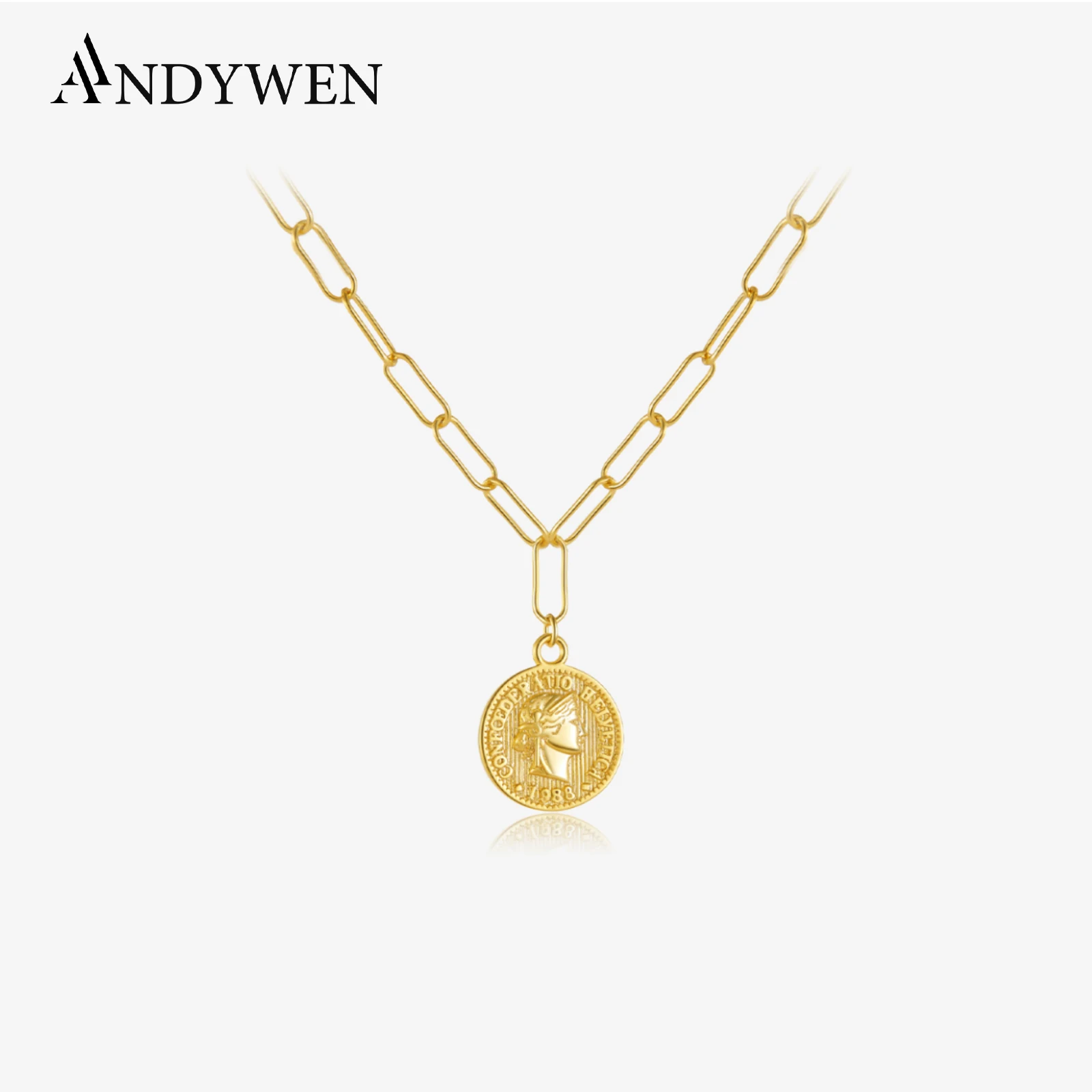 ANDYWEN New 100% 925 Sterling Silver Big Horoscope Chain Coins Queen Women Necklace 2020 Rock Punk Women Fashion Jewelry 2021