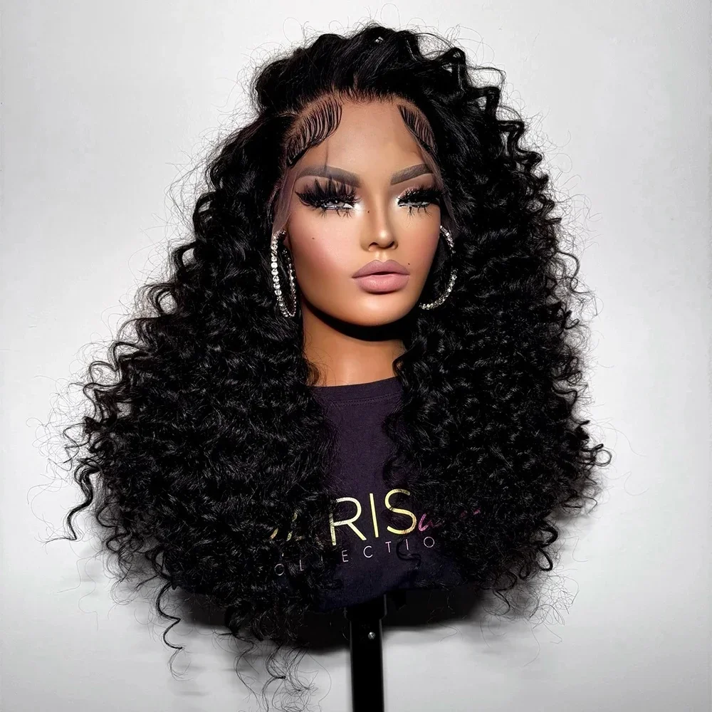 

Natural Black Long Soft Glueless 26Inch Kinky Curly Lace Front Wig For Women With Baby Hair Synthetic Preplucked Glueless Daily