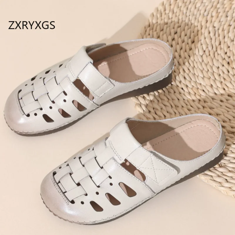 ZXRYXGS 2026 Summer Comfortable Top Layer Genuine Leather Slippers Weave Breathable Slippers Flat Outerwear Slippers for Women