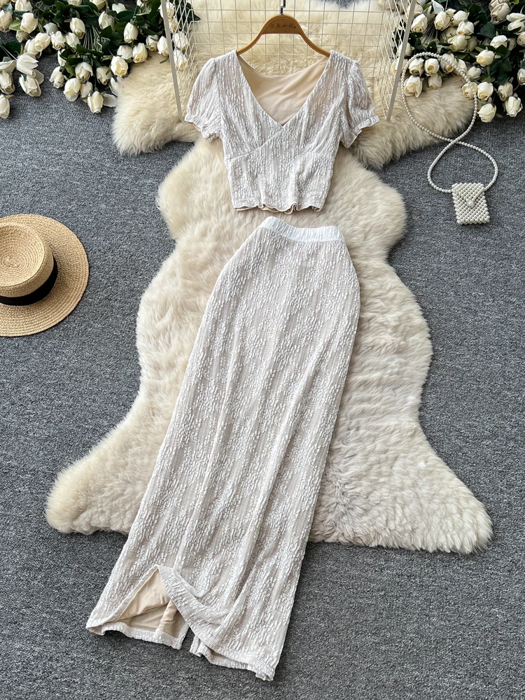 

Сексуальный кружевной топ с V-образным вырезом и рукавами-фонариками, а также полуюбка-рыбка, комплект из двух предметов для женщин, модный и элегантный летний наряд