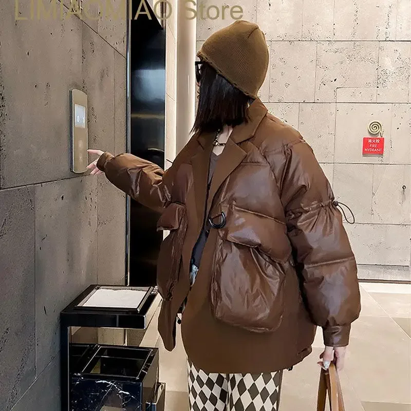 Female Short Lightweight Parkas Winter Women Notched Collar Fake Two-piece Patchwork Down Cotton-padded Coat Casual Long Sleeve