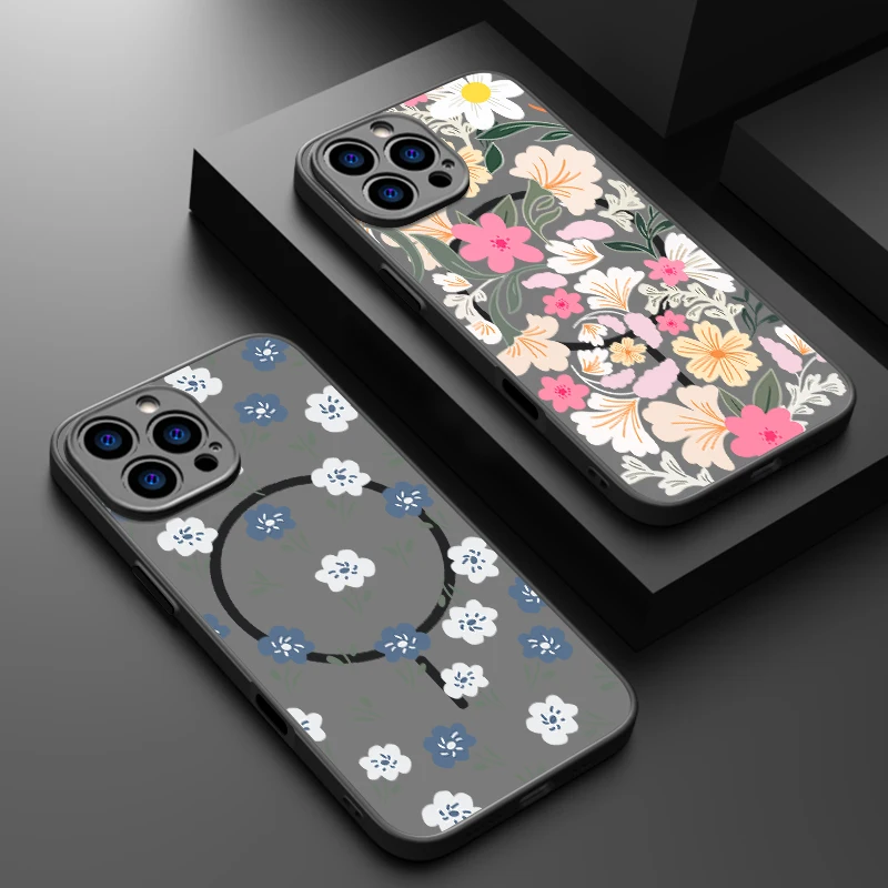 Bunte Blume Magnetische Fall Für iPhone 15 16 14 13 Pro Max 15 Pro 16E Für Magsafe Wireless Charge Harte PC Telefon Abdeckung Fundas