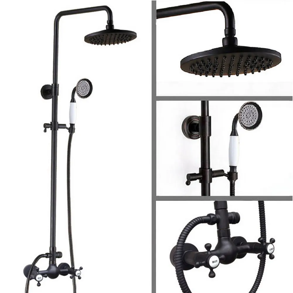 

Black Oil Rubbed Bronze Wall Mounted Rain Shower Faucet Set with Hand Spray Tap + 8 inch Bathroom Shower Heads Lrs494