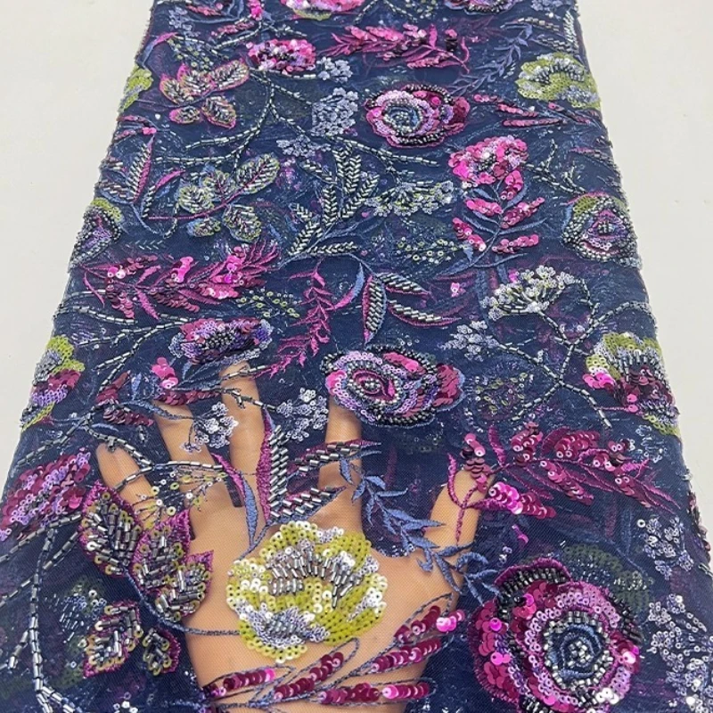 

French luxury mesh fabric, high-quality African beaded tube embroidery, beaded rose and sequin embroidery fabric dress