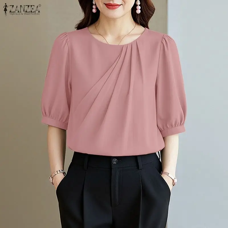 

Women Summer OL Work Blouse 2026 ZANZEA Stylish Solid Shirt Female O Neck Short Sleeve Tops Casual Holiday Tunic Mujer Oversize