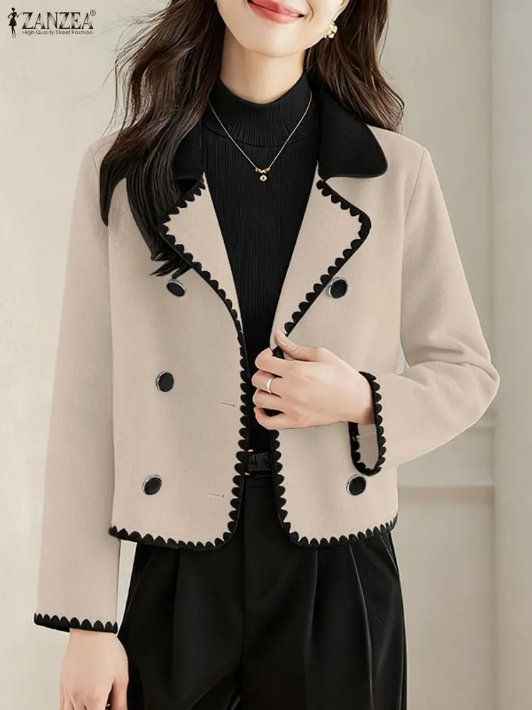 

ZANZEA Fashion Woolen Short Blazer Women's Elegant Chic Contrast-Color Lapel Neck Long Sleeve Double-Breasted Jackets Outerwear