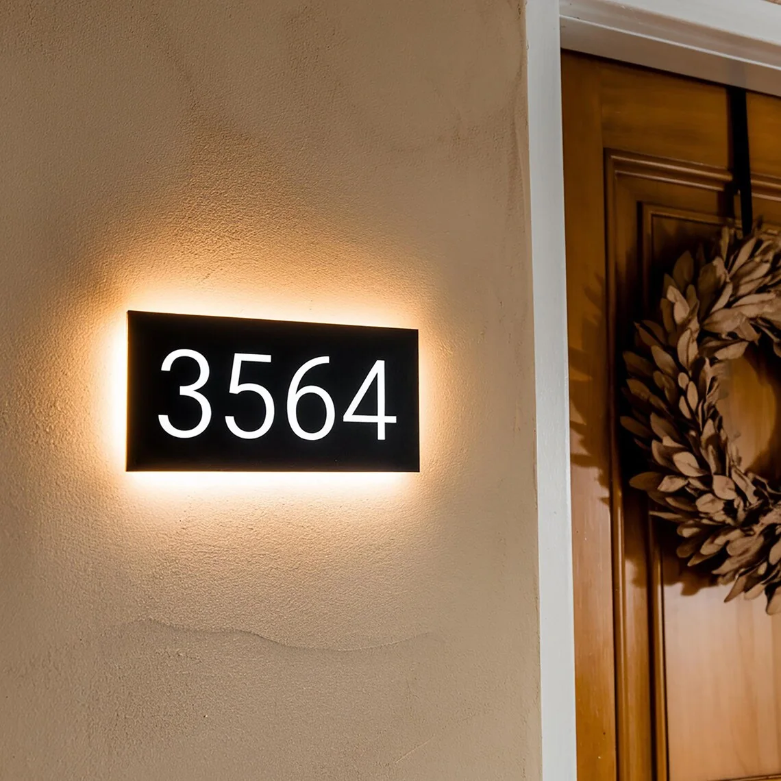 Customizable Outdoor Illuminated Number Plaque, Metal House Number Sign with LED Light, Modern Acrylic Backlit Design