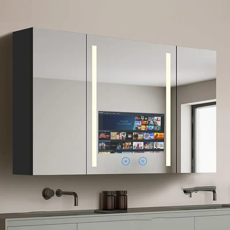 Wholesale 3 Door Wall Mounted Cabinet Anti Fog Smart Led Medicine Storage Washroom Toilet Bathroom Cabinet With Smart TV Mirror