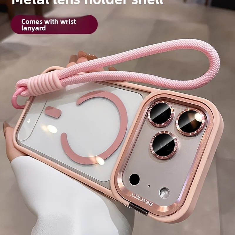Camera Bracket Acrylic Magnetic Phone Case for IPhone 17 Air 17 16 15 14 Plus 13 12 11 Pro Max  with Wrist Strap Lens Film Cover