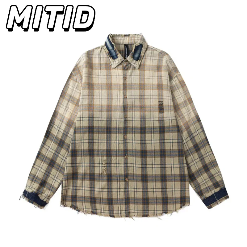 Vintage Streetwear Shirts for Men Clothing Pure Cotton Plaid Shirts Distressed Moustache Tie Dye Gradient Oversized Men Shirts