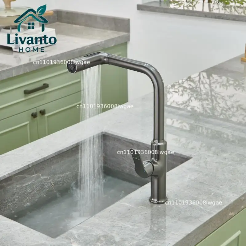 

gray kitchen faucet pull-out vegetable sink hot and cold copper splash proof sink balcony rotating