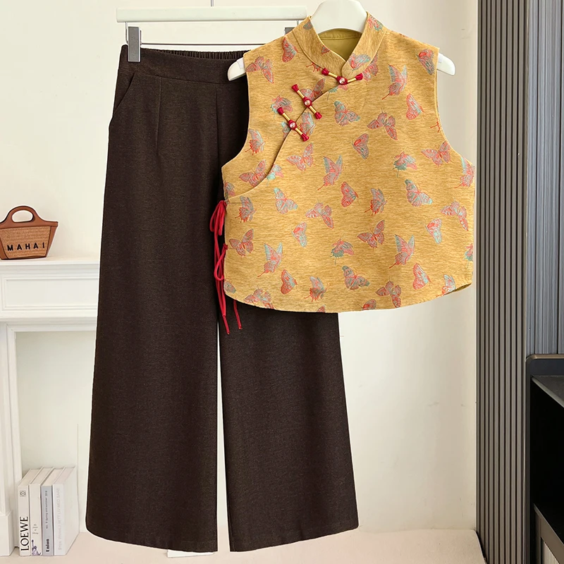 New Chinese Style Embroidered Button Vest Women's Retro  Jacket Outerwear Short Length Stand Collar Side Slit