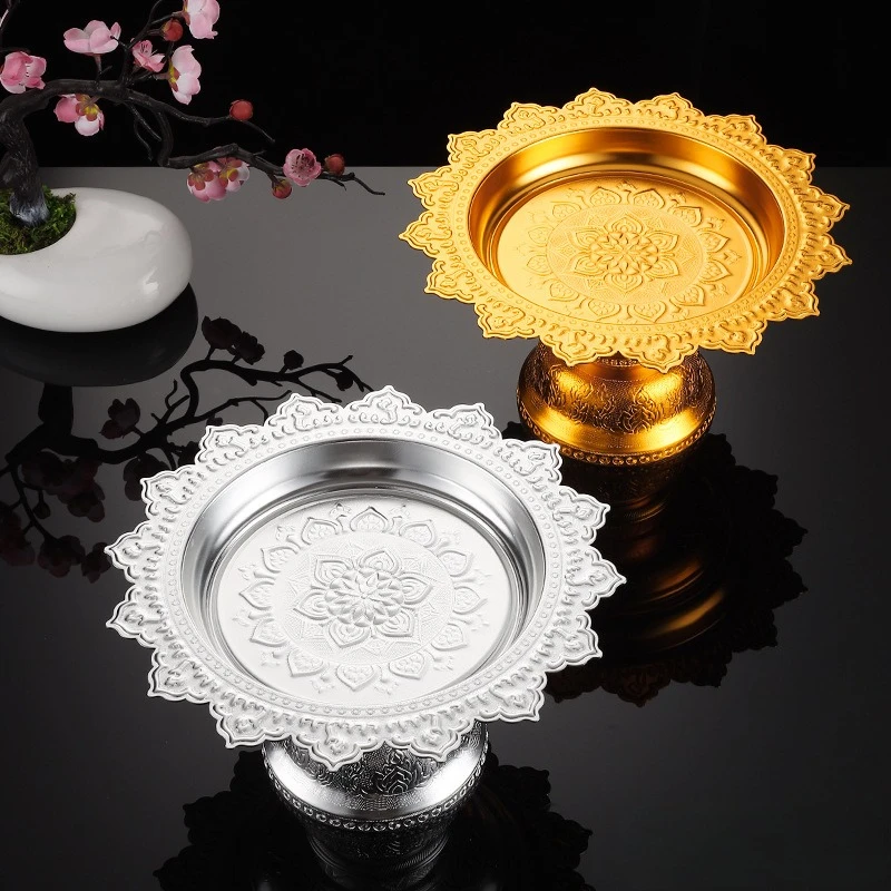 Thailand Medium Size Alloy Gilding Buddhist Offering Plate Relief Sculpture Lotus Flower Household Temple Worship Study Rooms