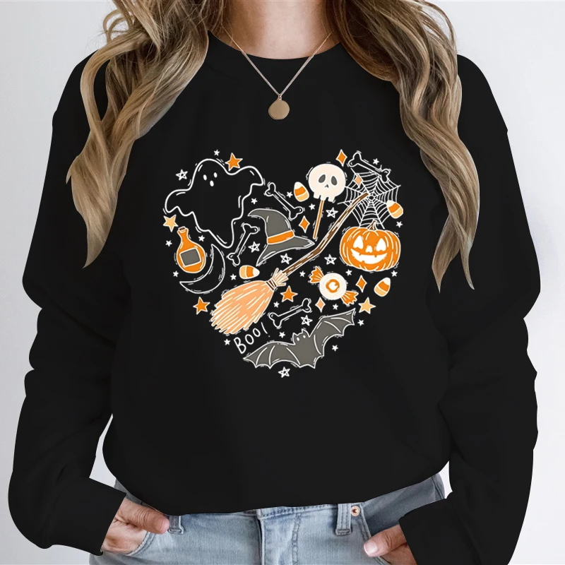 Fall Sweatshirt Women Heart Pumpkin Skeleton Ghost Print Halloween Gifts Sweatshirts Funny Halloween Pumpkin Women Sweatshirts