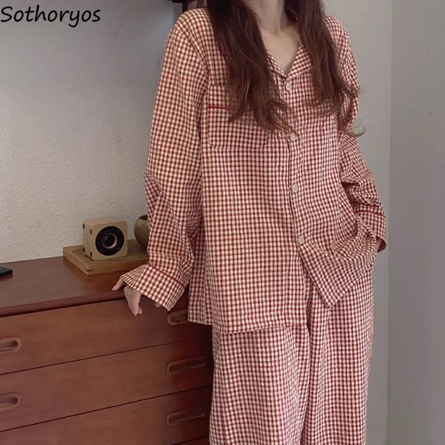 W czerwoną kratę zestawy piżam kobiet w stylu Vintage z kołnierzykiem do spania koreańska wersja modna z wiosenne jesienne z długim rękawem rękawem
