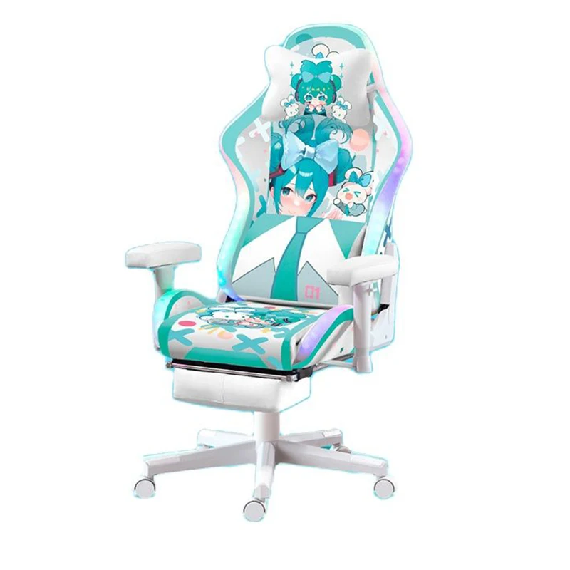 

New Fashion Game Chair Green Anime Girl Student Home Office Ergonomic Computer Chair LED Light Strip Resting Feet To Lie Down