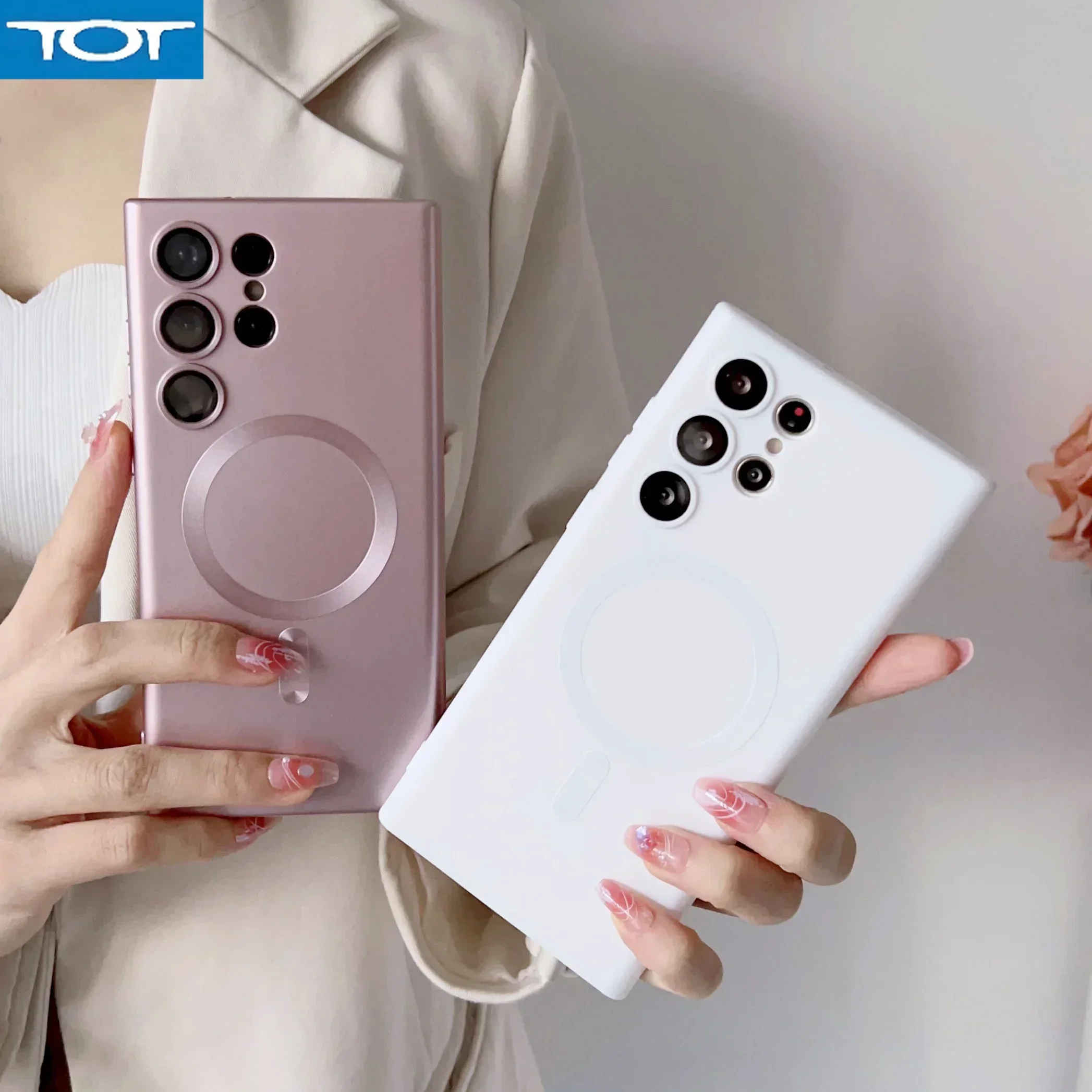 

Magnetic Wireless Charging Case For Samsung Galaxy S24 S23 S22 S21 Ultra Plus Lens Protection Metallic Paint Soft TPU Cover T18