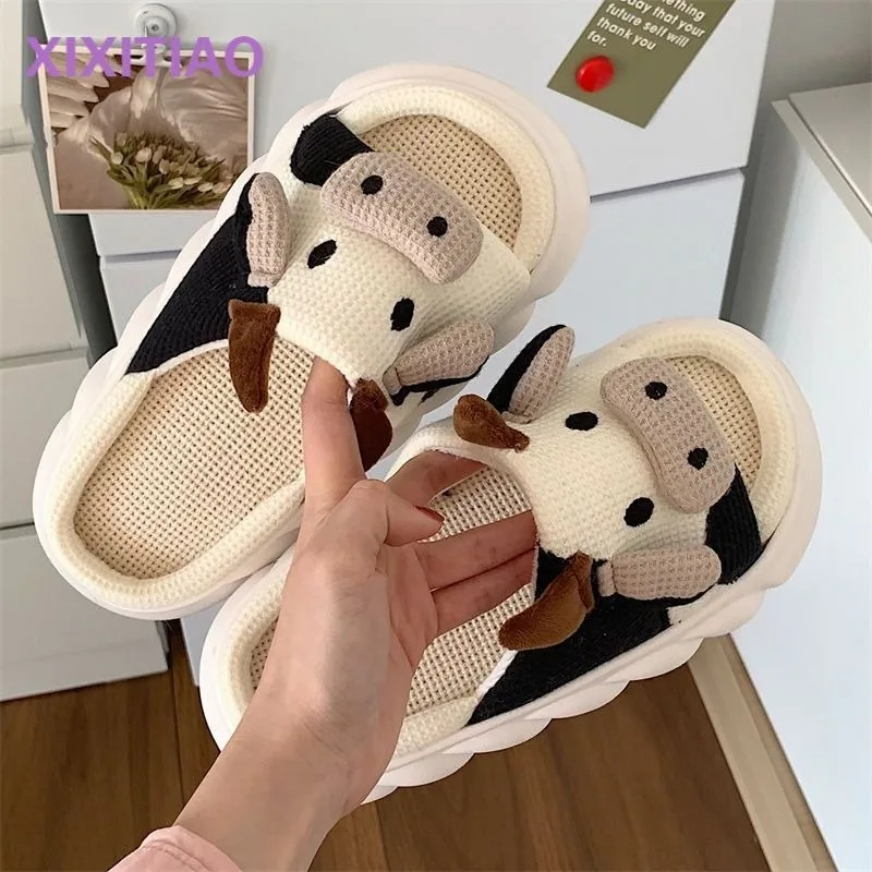 New Unisex Women Milk Cow Linen Slippers Four Seasons Men Indoor Sandals Cartoon Slides Couples Cute Breathable Home Shoes