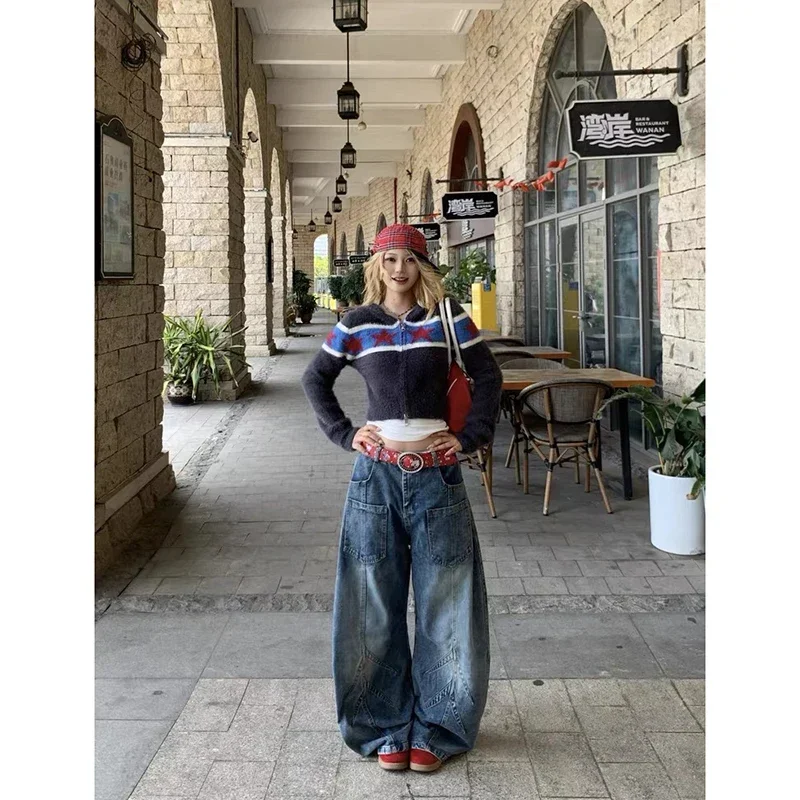 女性ヴィンテージブルーバギーY2kカーゴジーンズアメリカンレトロ2000年代原宿デニムパンツストリートウェアオーバーサイズデニムパンツ