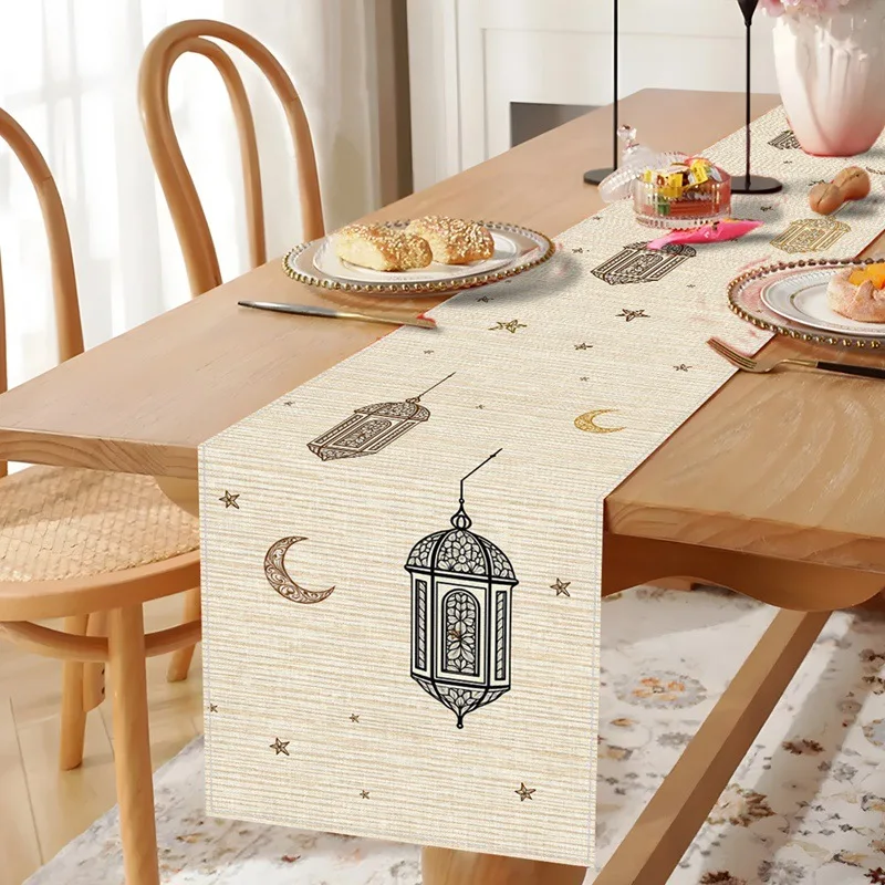 1pc Islamic Arabian Table Runner Golden Black Arabic Lantern Star Moon Pattern Ramadan Eid Wedding Durable Table Cover 2D Flat