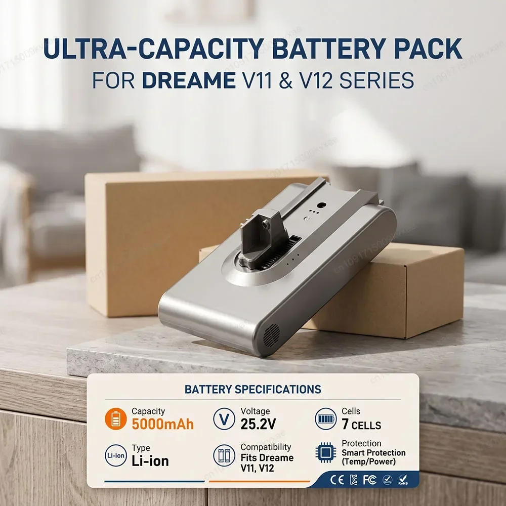 Cordless Vacuum Cleaner Replacement Battery for Dreame V11 V12 V11SE VVT1 VVN6 VVA1 Handheld Sweeper 25.2V 5000mAh Li-ion BMS
