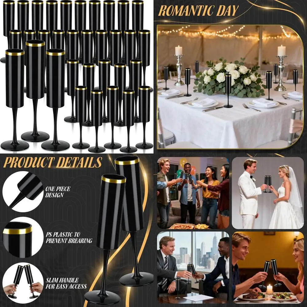 

Набор из 30 акриловых бокалов для шампанского, 6 унций, на высокой ножке, небьющиеся, идеально подходят для вечеринок и торжеств (черный, золотой)