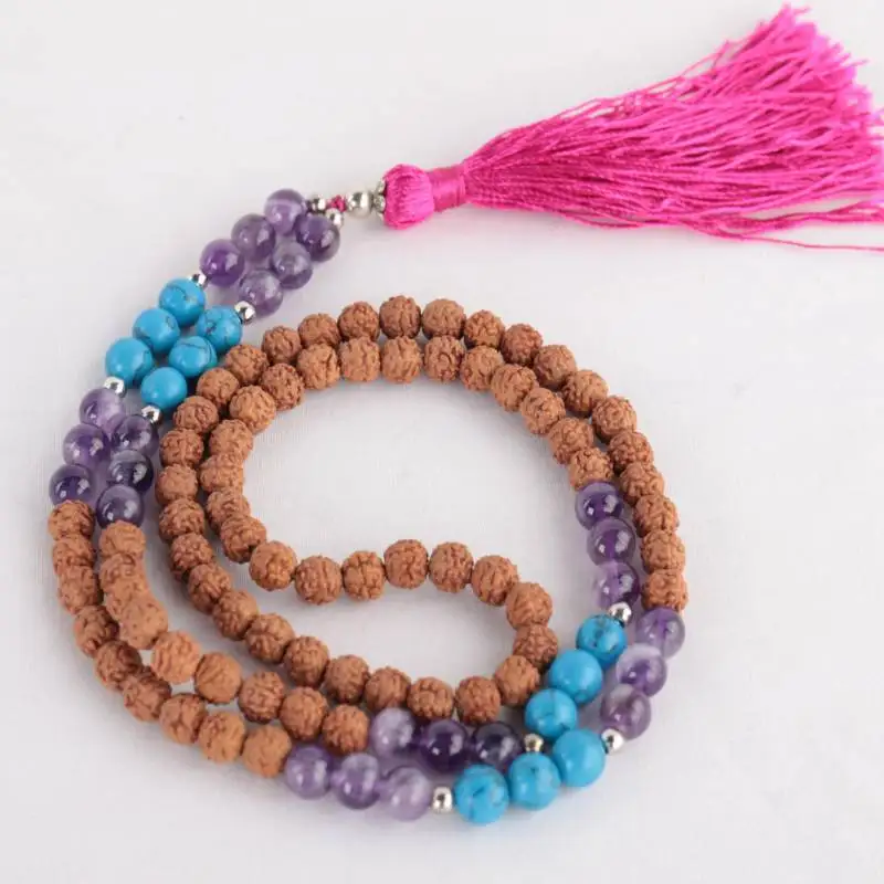 

Natural Rudraksha 108 Beads Mala Necklace with Amethyst & Turquoise Pendant Pink Tassel Spiritual Jewelry