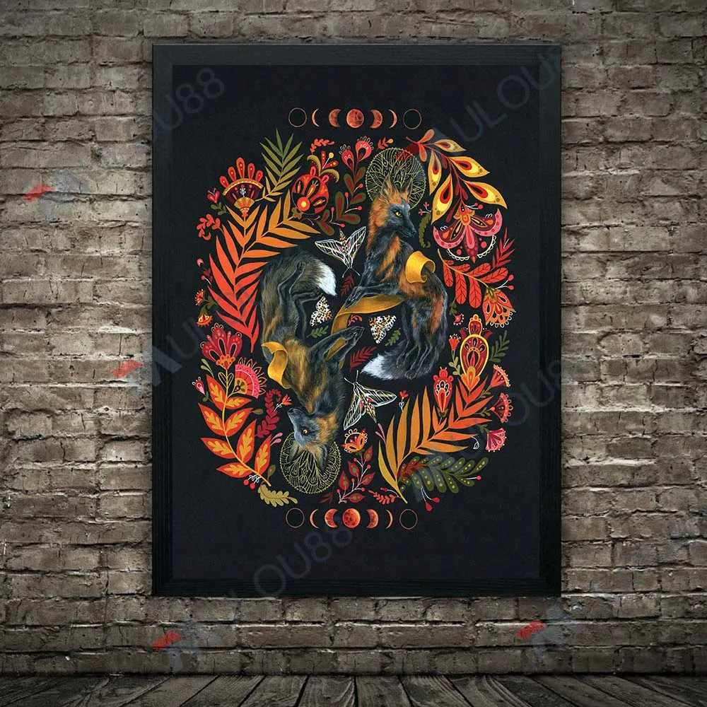 Luna Moth, kruk, lekarz zarazy, Baba Yaga House, ludowa plakat artystyczny drukuje czarny kozioł, wystrój obraz ścienny na płótnie czarownicy