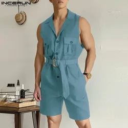 2024 Men Jumpsuits Solid Color Lapel Sleeveless Pockets Streetwear Male Rompers With Belt Fashion Casual Men Overalls INCERUN