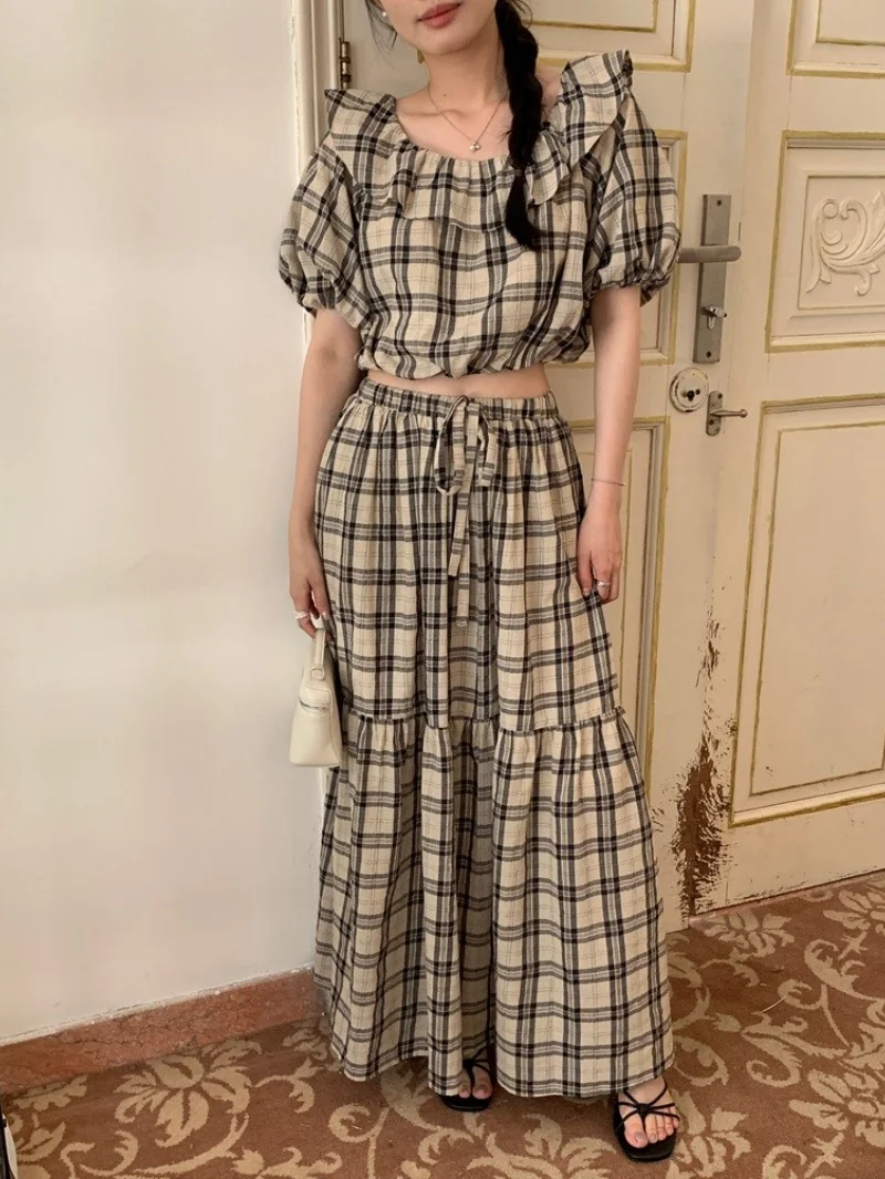 Alien Kitty Women Camping Suits Vintage Slim Slash Neck Summer 2025 Gentle Puff Sleeve Blouses High Waist Maxi Skirts Sweet